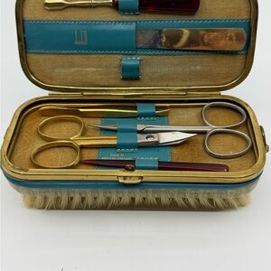 Vintage Manicure Set with Teal Case and Brush